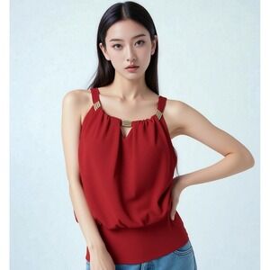 WhiteHouseBlackMarket Blouse Top Sz M Red Accent Sleeveless Festive Valentine